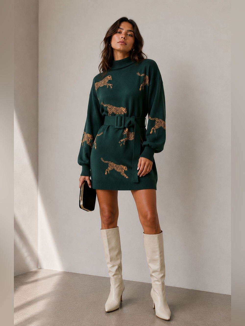 Blogger favorite Green Leopard Print Dress Belt Long Sleeve Knit Mini Chic Style